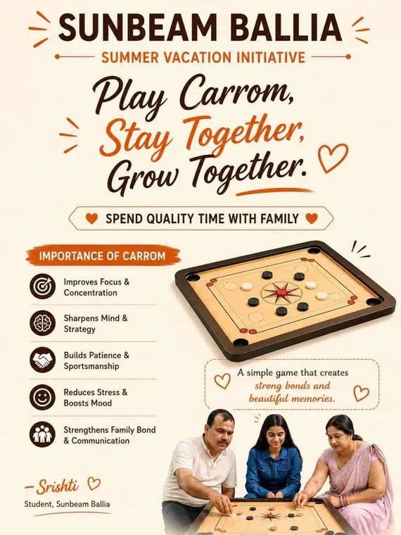 Sunbeam School Ballia's published notice poster — a summer vacation initiative encouraging families to play carrom together