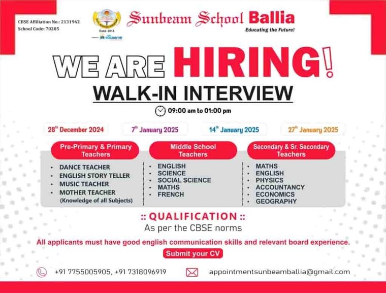 Recruitment poster headed "We are hiring! Walk-in interview" from Sunbeam School Ballia, CBSE affiliation number 2131962, school code 70205. Walk-in interviews 9:00 am to 1:00 pm on 28 December 2024, 7 January 2025, 14 January 2025 and 27 January 2025. Pre-primary and primary teachers: dance teacher, English story teller, music teacher, and mother teacher with knowledge of all subjects. Middle school teachers: English, Science, Social Science, Maths and French. Secondary and senior secondary teachers: Maths, English, Physics, Accountancy, Economics and Geography. Qualification as per the CBSE norms. All applicants must have good English communication skills and relevant board experience. Submit your CV. Telephone +91 7755005905 and +91 7318096919; email appointmentsunbeamballia@gmail.com.