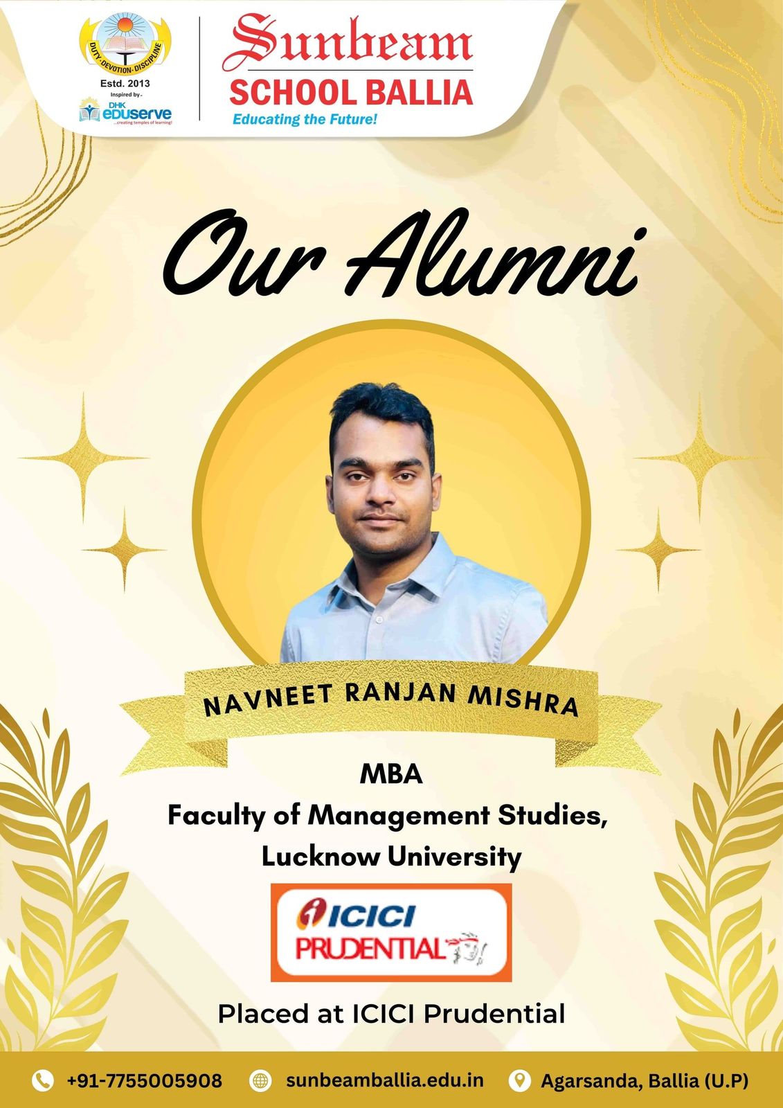 Sunbeam School Ballia’s alumni card for Navneet Ranjan Mishra — MBA, Faculty of Management Studies, Lucknow University, placed at ICICI Prudential