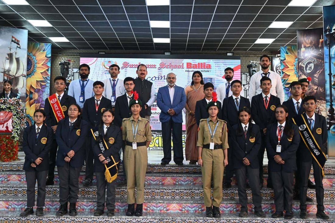 Student council office-bearers and NCC cadets of Sunbeam School Ballia on stage with the school’s dignitaries
