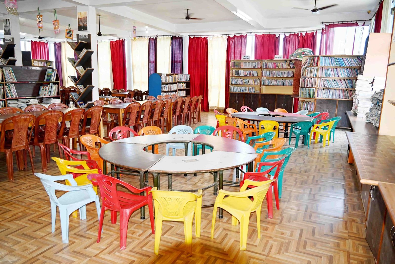 The Nalanda Library at Sunbeam School Ballia, its reading tables set out along the shelves.