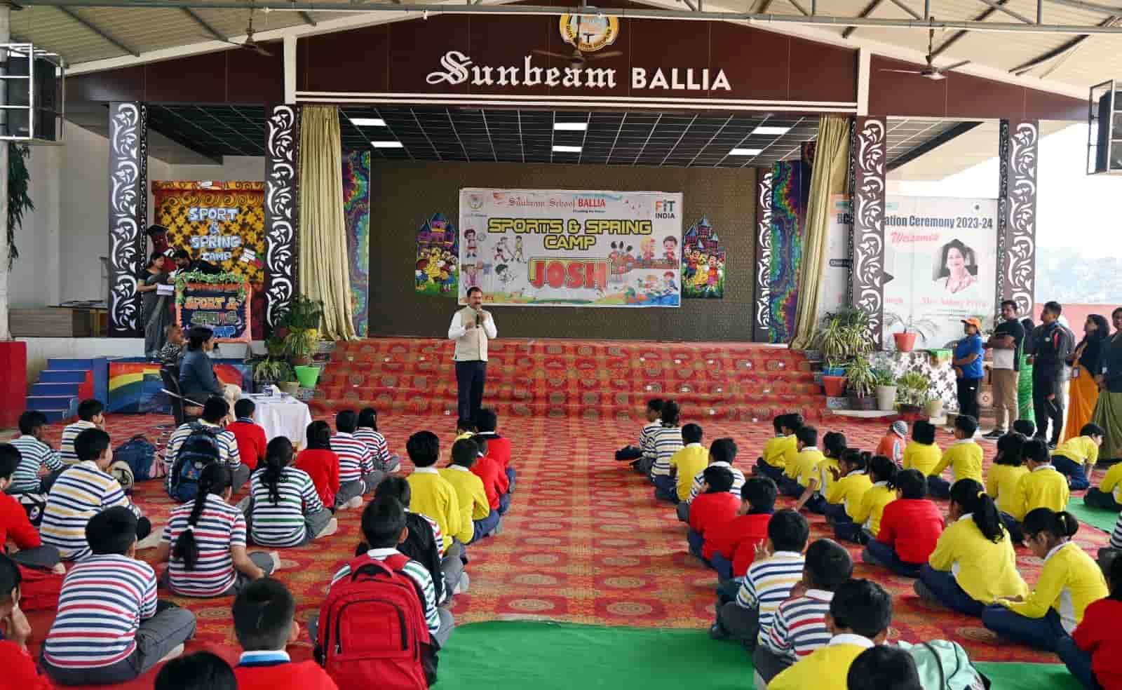 Students of Sunbeam School Ballia seated together in the school hall at the Sports and Spring Camp assembly.