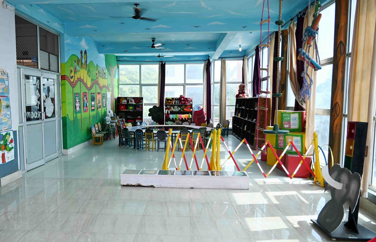 The activity learning lab at Sunbeam School Ballia, tables set out for group work.