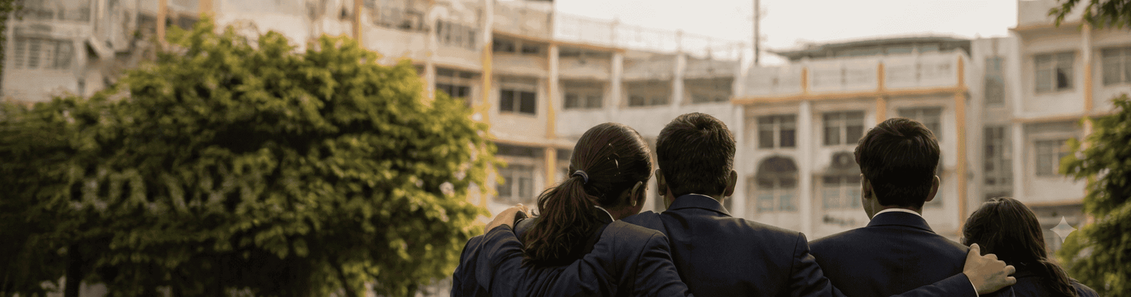 Four students of Sunbeam School Ballia in blazers, arms around one another, looking across the campus.