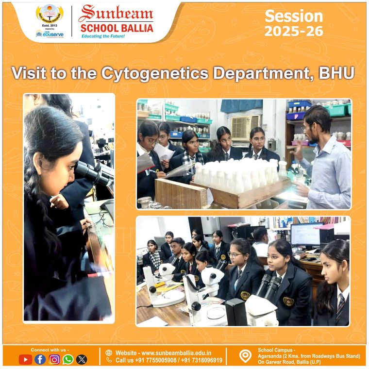 The school’s poster for the Class XII visit to the Cytogenetics Department at Banaras Hindu University, showing students at microscopes and in the culture room.