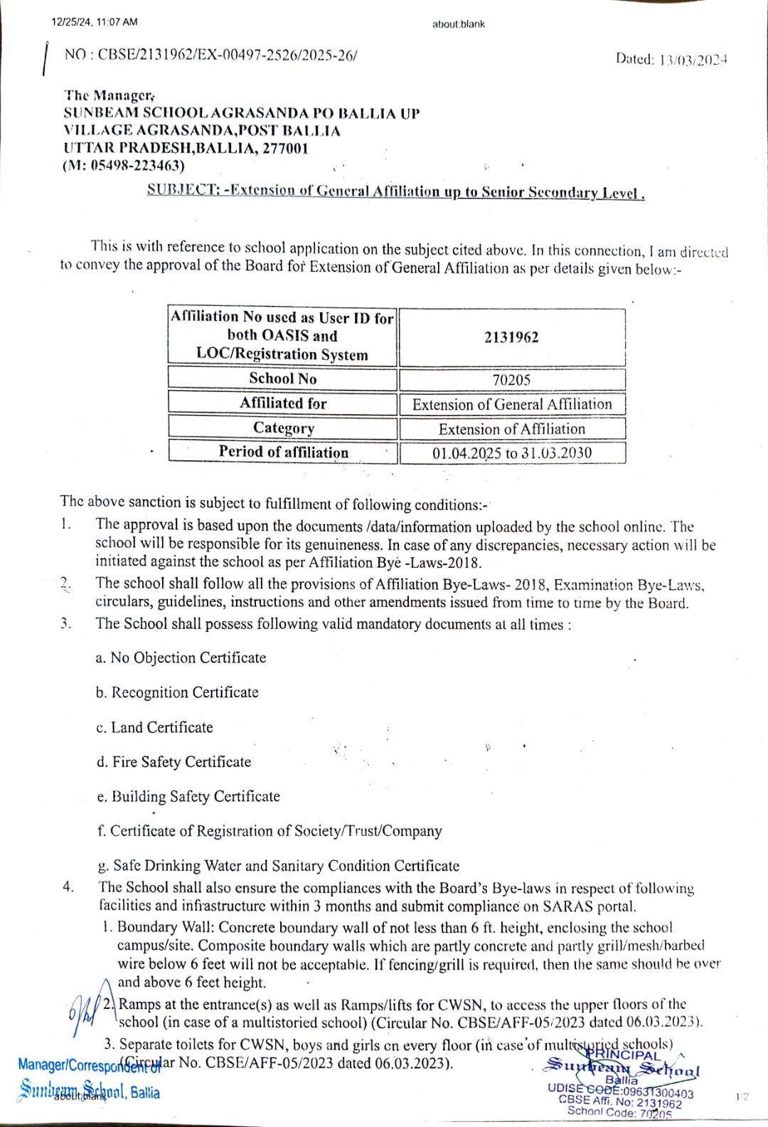 Page one of the CBSE affiliation letter published by Sunbeam School Ballia: letter number CBSE/2131962/EX-00497-2526/2025-26 dated 13.03.2024, subject “Extension of General Affiliation up to Senior Secondary Level”, with a table giving affiliation number 2131962, school number 70205 and period of affiliation 01.04.2025 to 31.03.2030, and the school’s stamp carrying UDISE code 09631300403.