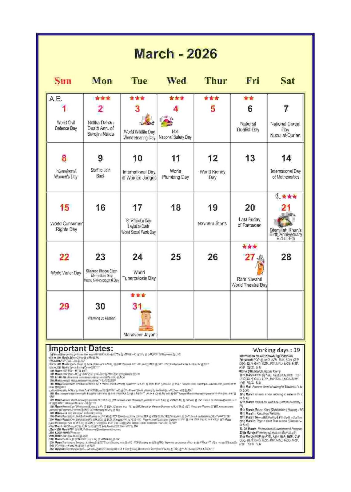 A month page of the Sunbeam School Calendar & Monthly Planner 2026-27, ruled into weeks with the month's observances printed in each cell