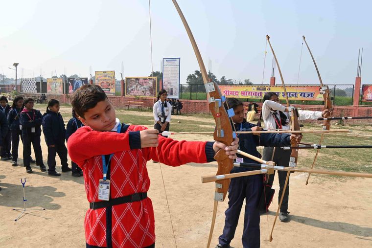 Students of Sunbeam School Ballia on the archery line, at full draw