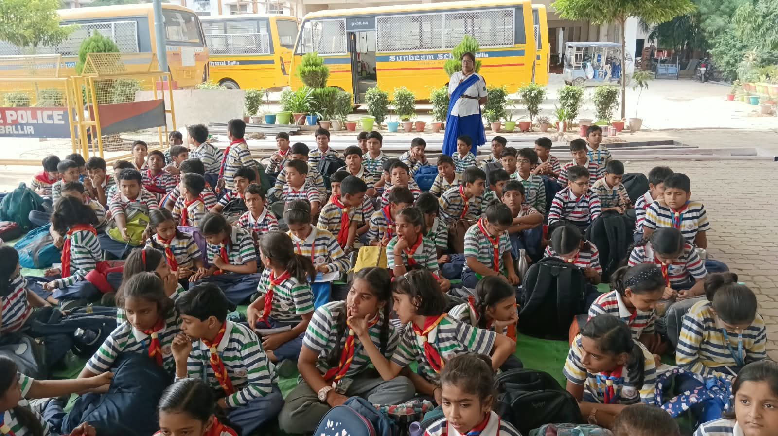 The Scout troop of Sunbeam School Ballia assembled in uniform in the school yard.