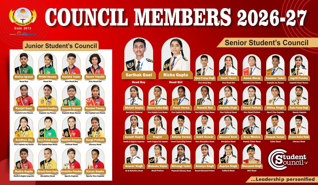 The Sunbeam School Ballia student council board for 2026-27, photographs of the junior and senior councils with each member's name and post.
