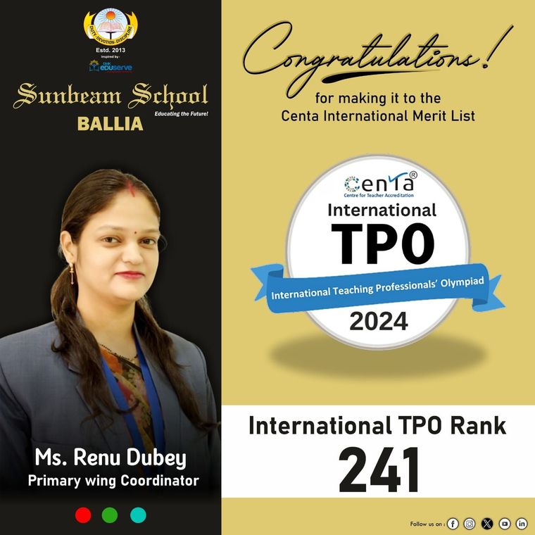 Congratulations to our esteemed educator Ms. Renu Dubey ( Coordinator III- V) from Sunbeam Ballia… at Sunbeam School Ballia — photograph 1 of 1