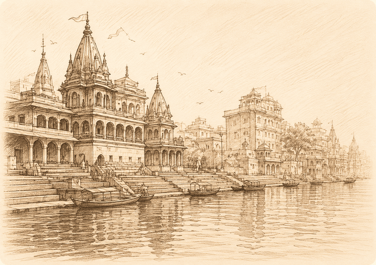 A pencil drawing of the Varanasi ghats, where the Sunbeam group was founded.