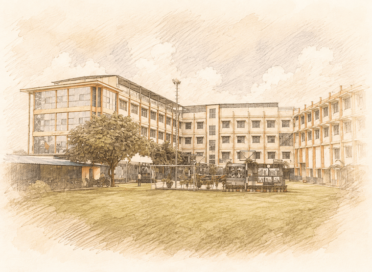 A pencil drawing of the Sunbeam School Ballia campus at Agarsanda.