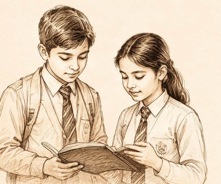 A pencil drawing of two students in uniform reading together.