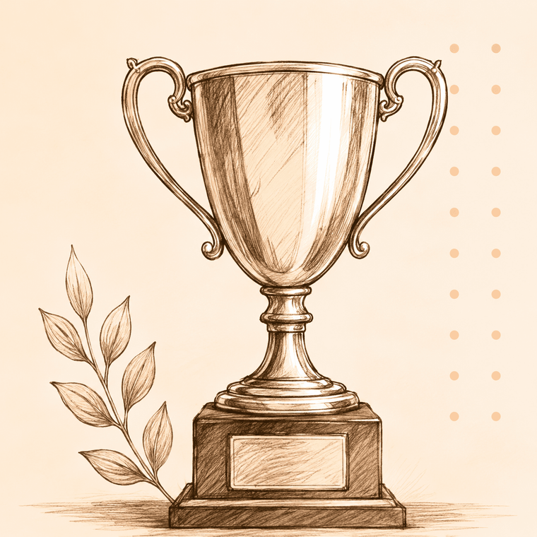 A pencil drawing of a trophy with a laurel sprig.