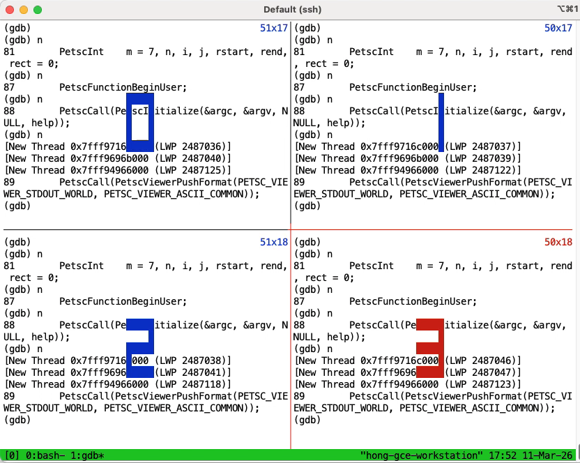 Image of a multi-process debugging session in tmux