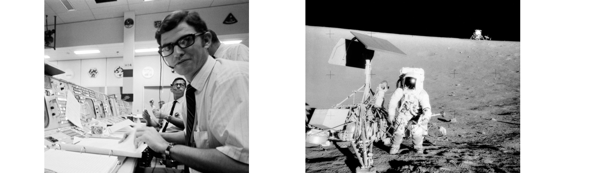 Left: John Aarons at Mission Control. Right: Alan Bean of Apollo 12 at Surveyor III with LM Intrepid in the background