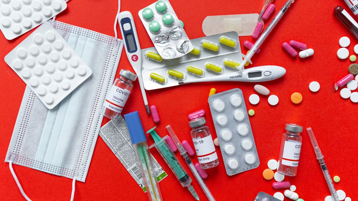 Bangladesh imports 90 percent of medical equipment Medical supplies and medications displayed on a red background, emphasizing healthcare essentials.