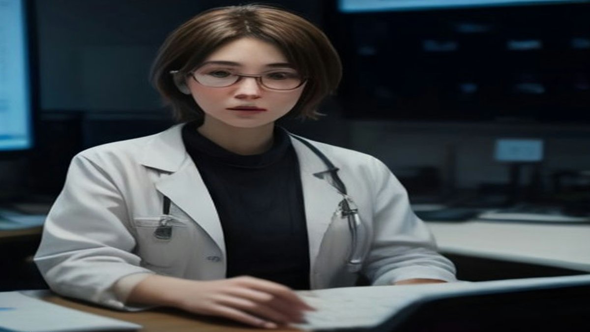 Doctor completing survey on computer.