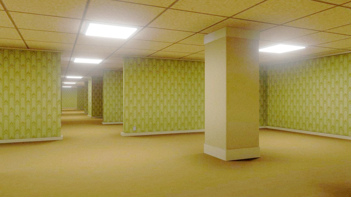 Horror Films Turn Familiar Settings Into Nightmares A long, empty corridor with yellow patterned wallpaper, tan carpet, and square ceiling lights reminiscent of horror films.