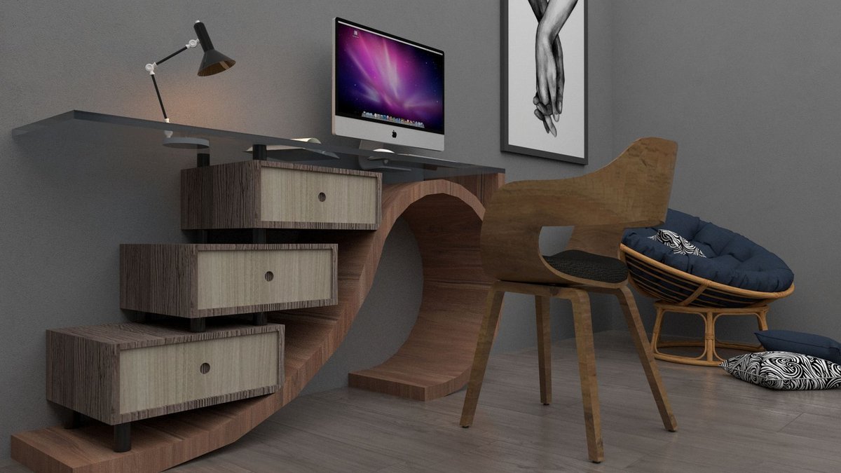 Sleek and stylish home office with wooden furniture and glass desk.