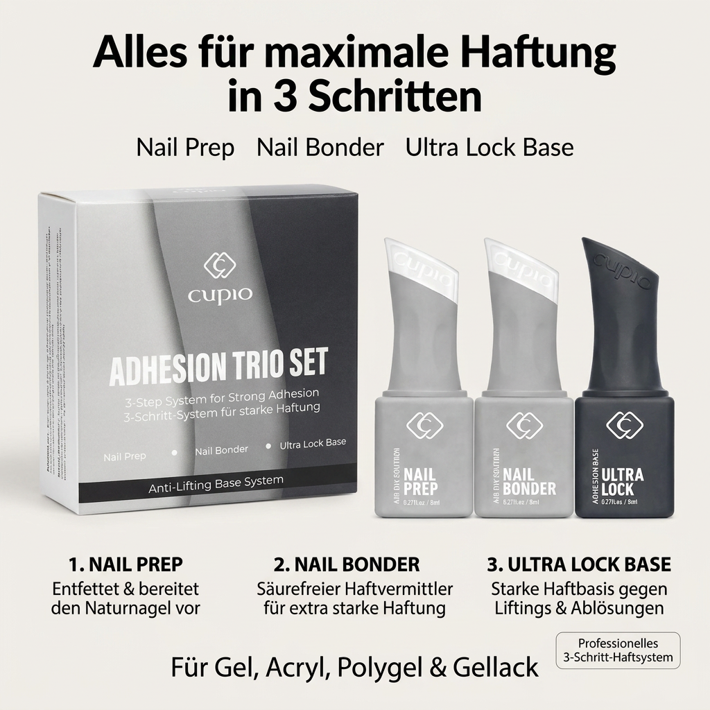 Cupio Adhesion Trio Set mit Nail Prep, Nail Bonder und Ultra Lock Base