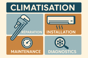 Affiche de services de climatisation avec illustrations : réparation de clim, installation, maintenance et diagnostics des systèmes de climatisation.