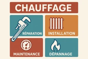 Affiche de services de chauffage avec icônes : réparation, installation de radiateur, maintenance et dépannage du système de chauffage.