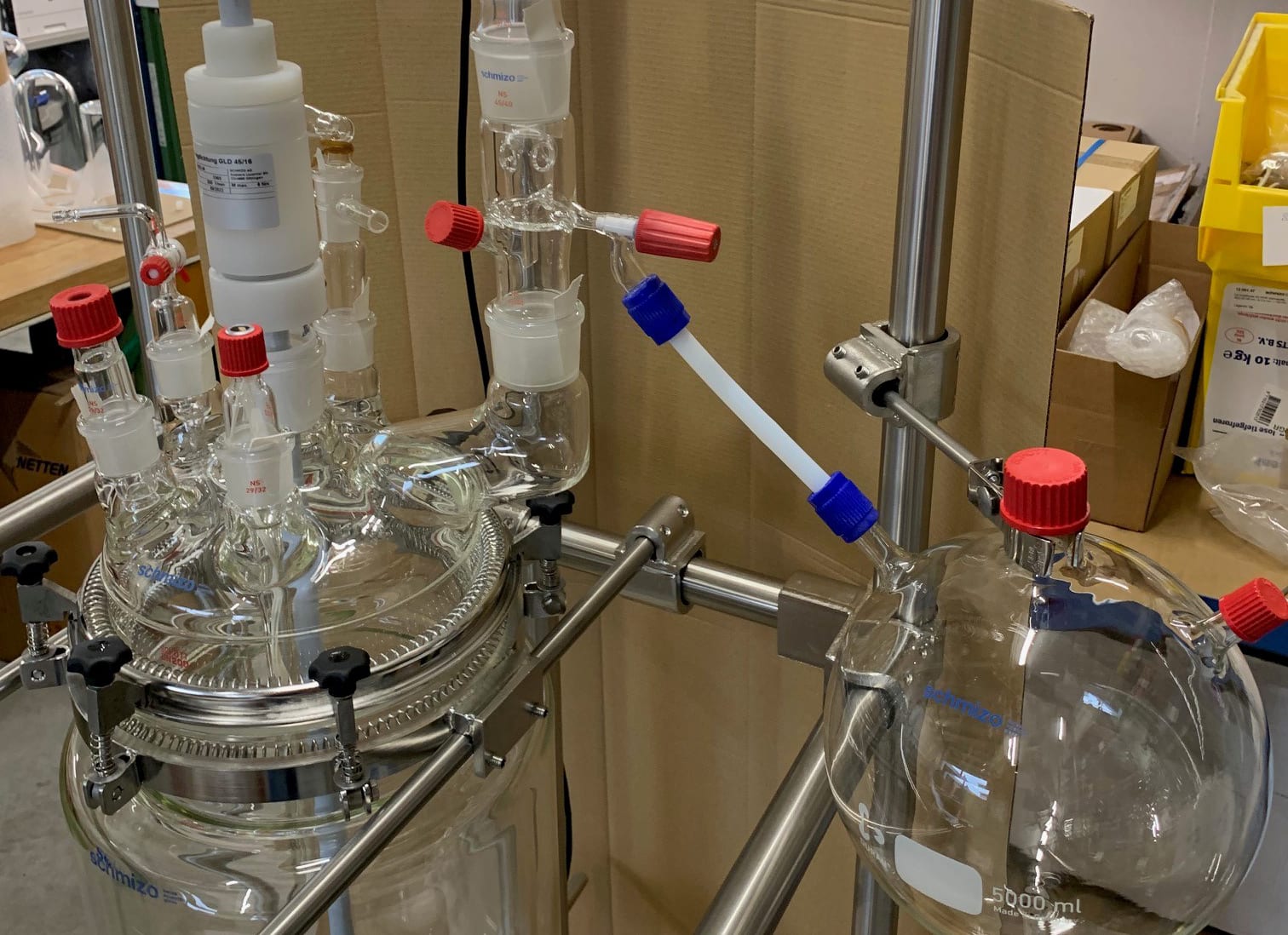 SCHMIZO Reactor system with 20 liter vessel, motor/stirrer, and simple distillation setup SCHMIZO Reactor system with 20 liter vessel, motor/stirrer, and simple distillation setup