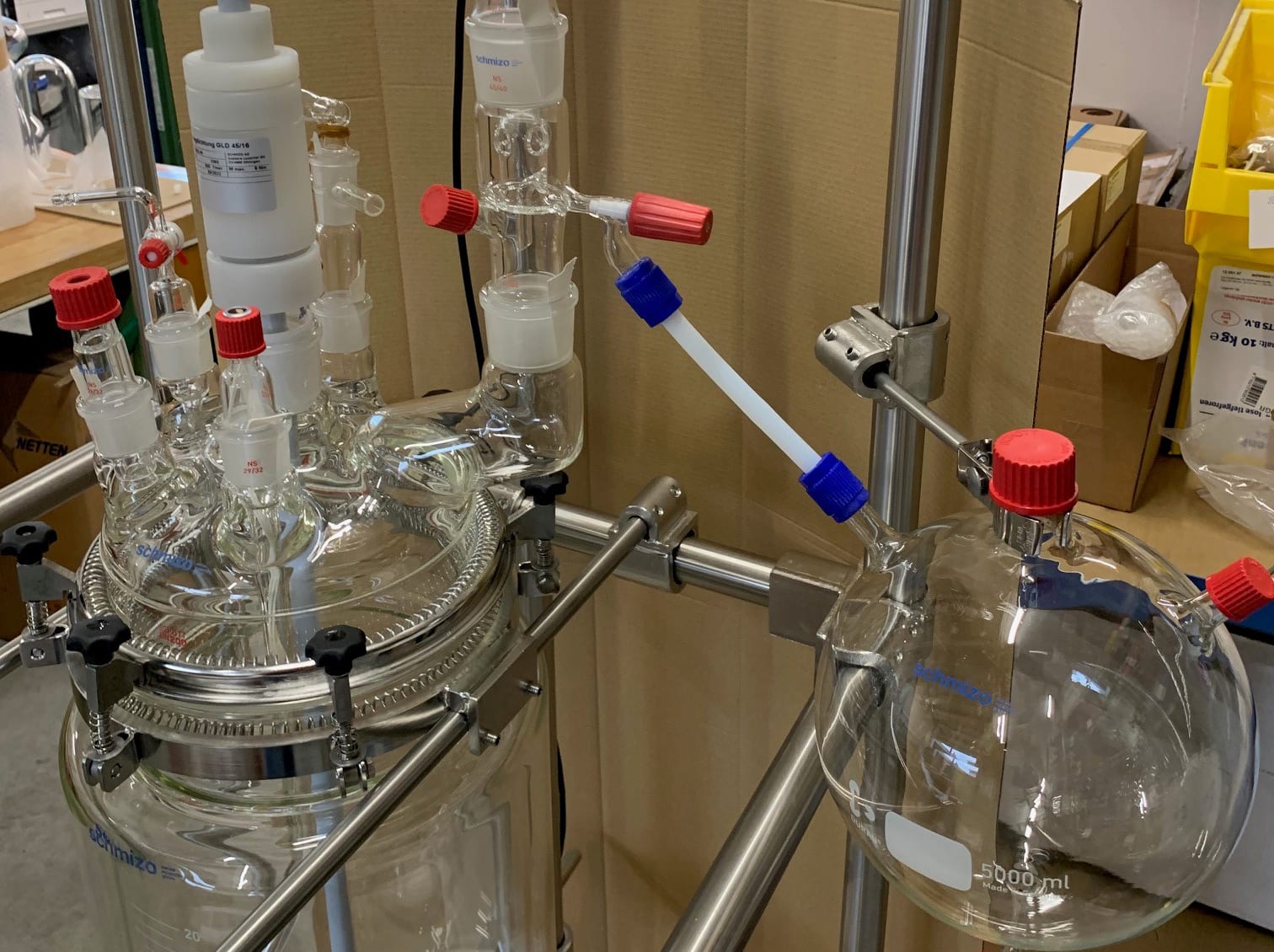 SCHMIZO Reactor system with 20 liter vessel, motor/stirrer, and simple distillation setup SCHMIZO Reactor system with 20 liter vessel, motor/stirrer, and simple distillation setup