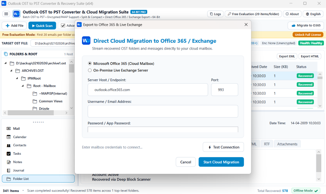 Corrupt OST to PST Converter - Direct Office 365 Migration