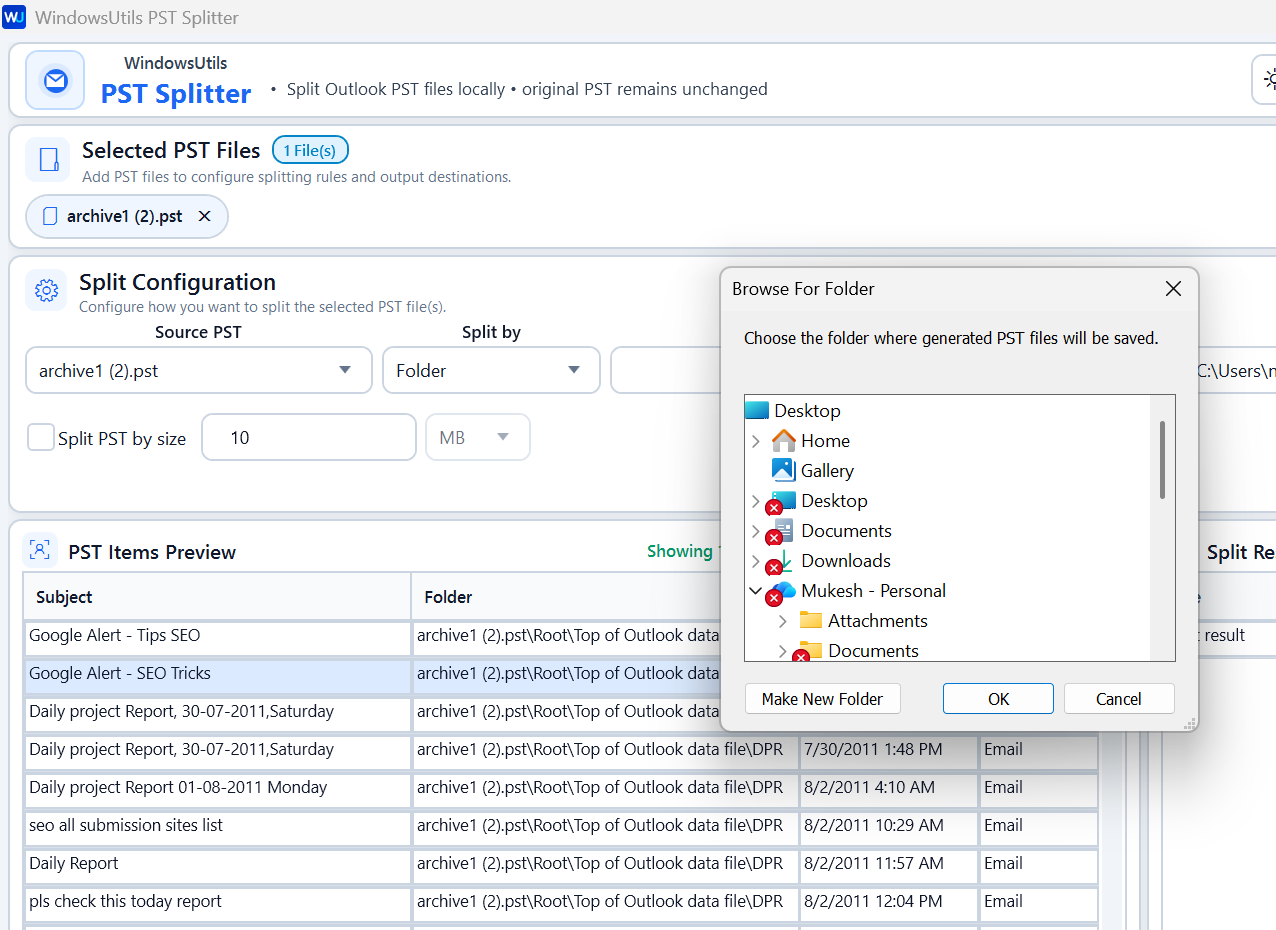 PST File Splitter - Choose the Output Folder