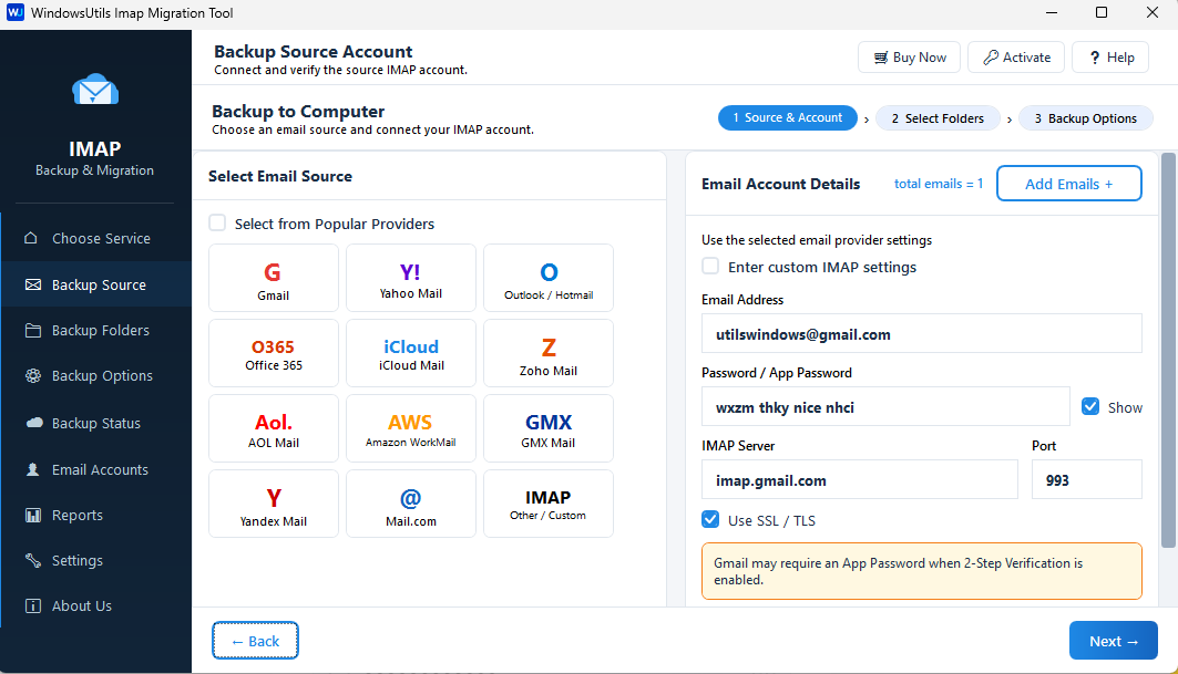 IMAP Migration Tool - Select Mailbox Folders to Back Up
