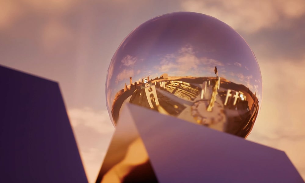 View of the Bulgari Metaverse, with mirrored sphere in which the image of Rome is reflected.