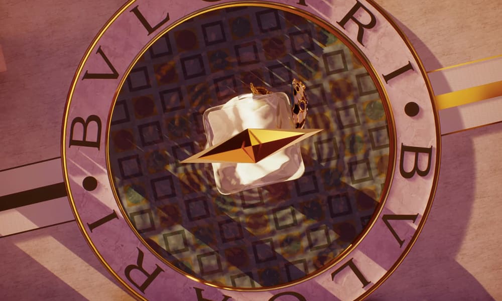 View of the Bulgari Metaverse, with Bulgari's tubogas intertwining with a metaphysical landscape.