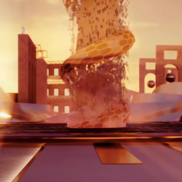 View of the Bulgari Metaverse, with metaphysical landscape at sunset inspired by Rome.