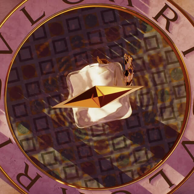 View of the Bulgari Metaverse, with Bulgari's tubogas intertwining with a metaphysical landscape.