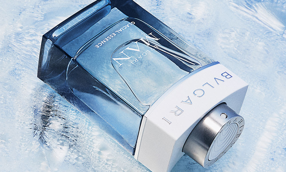 Bottle of the Bulgari Man Glacial Essence fragrance for men, creative close up shot.