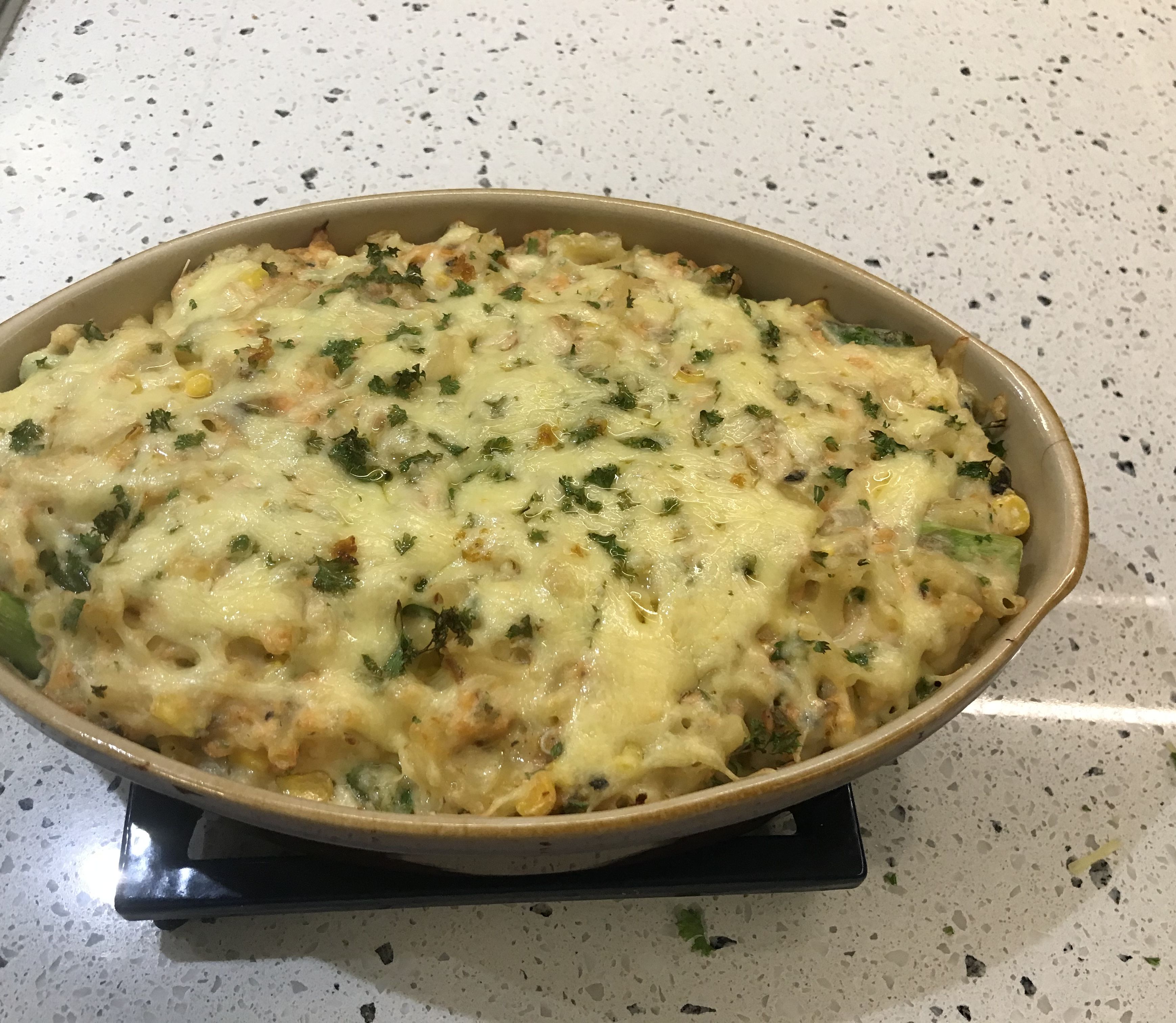 Salmon, asparagus and corn mornay bunch