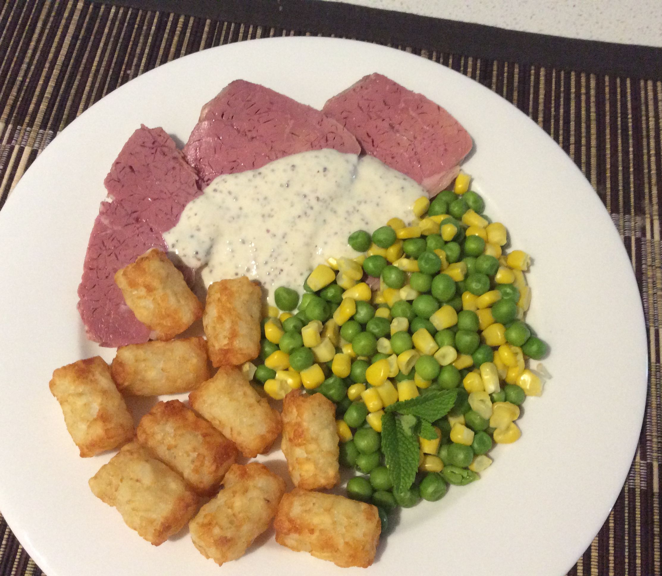Stovetop Corned Beef and Mustard Sauce with Veg bunch