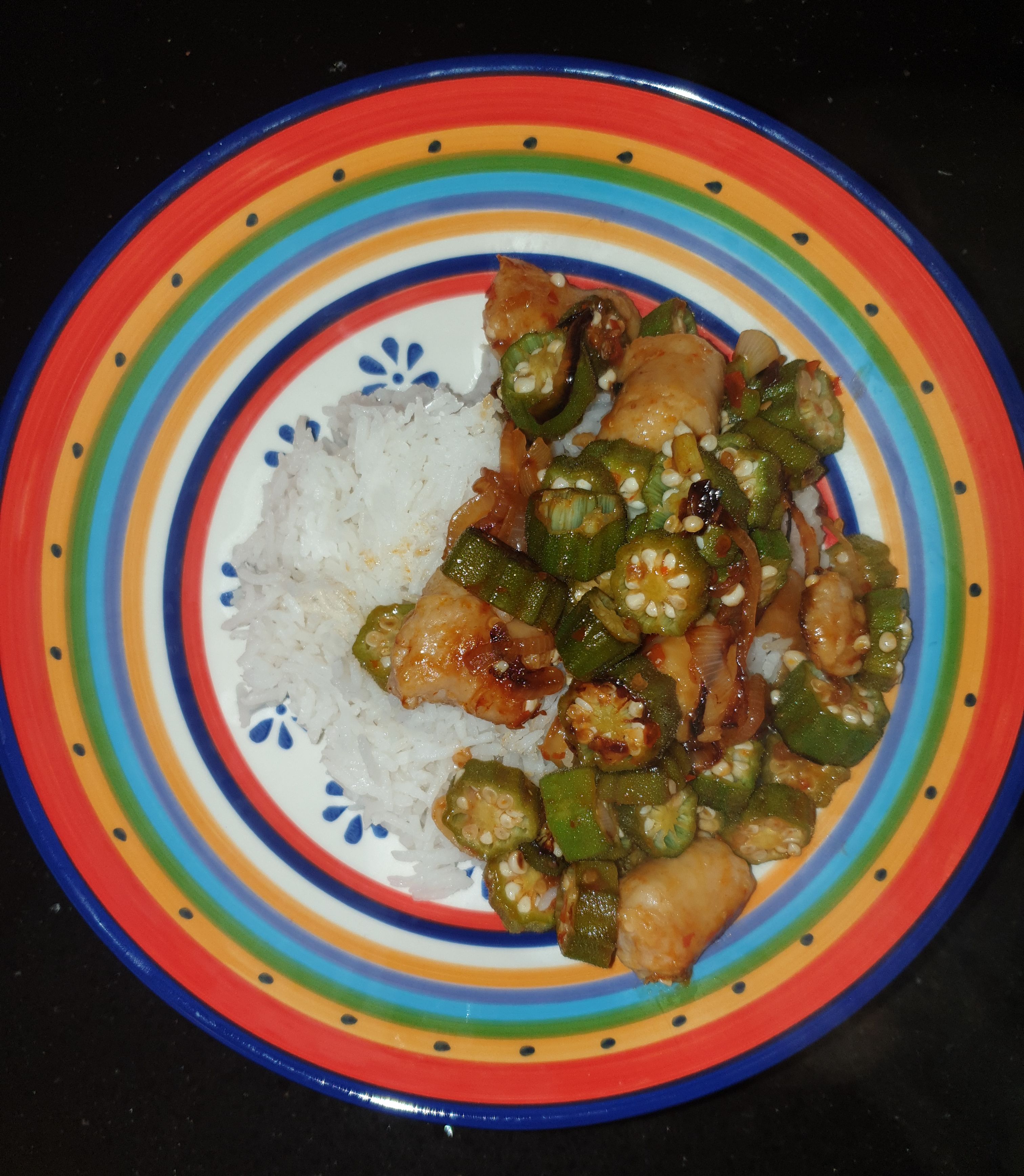 Fried spicy okra, chicken and rice bunch