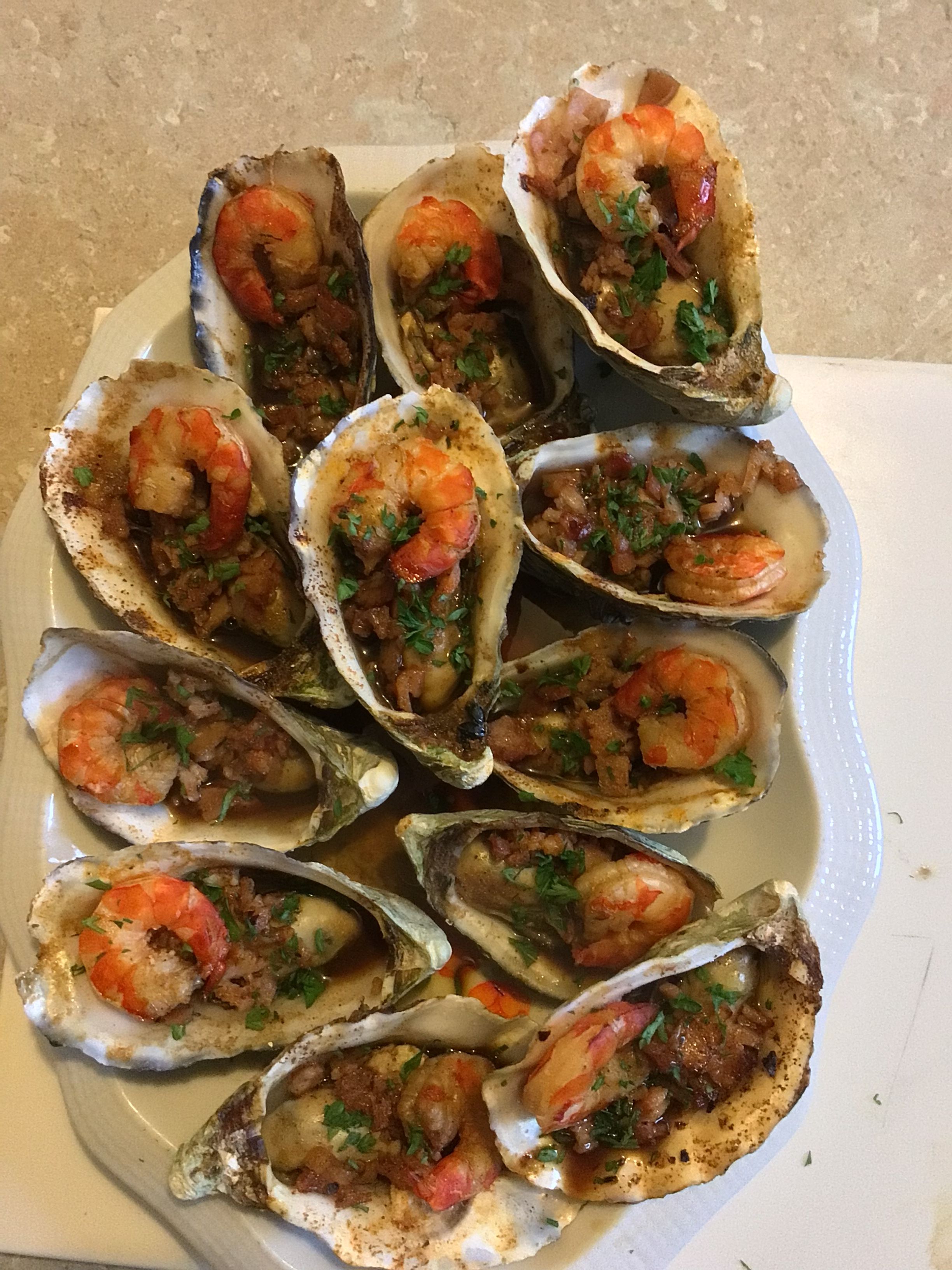 Oyster Kilpatrick With Prawns. bunch