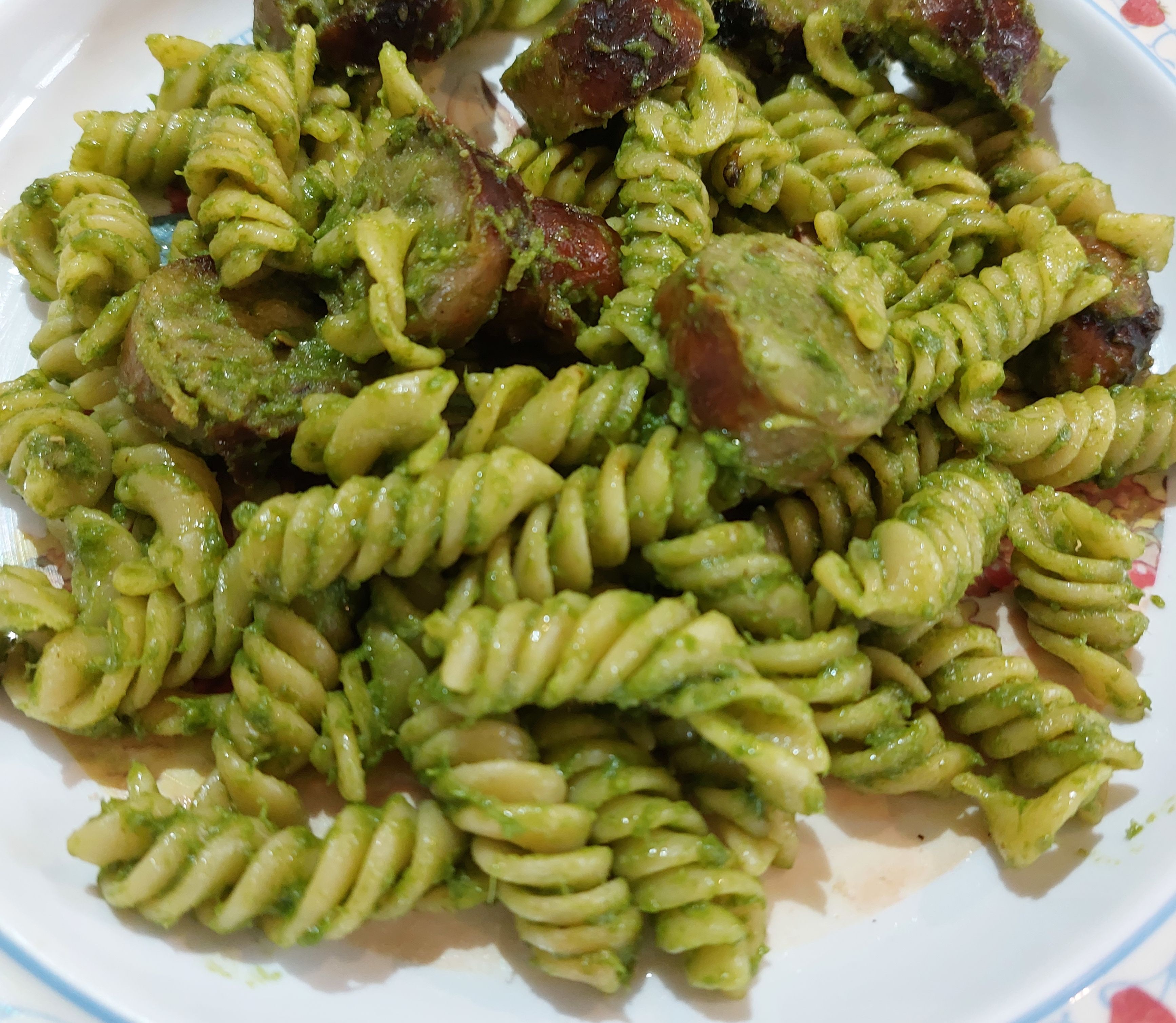 Silverbeet pesto and sausage pasta. bunch