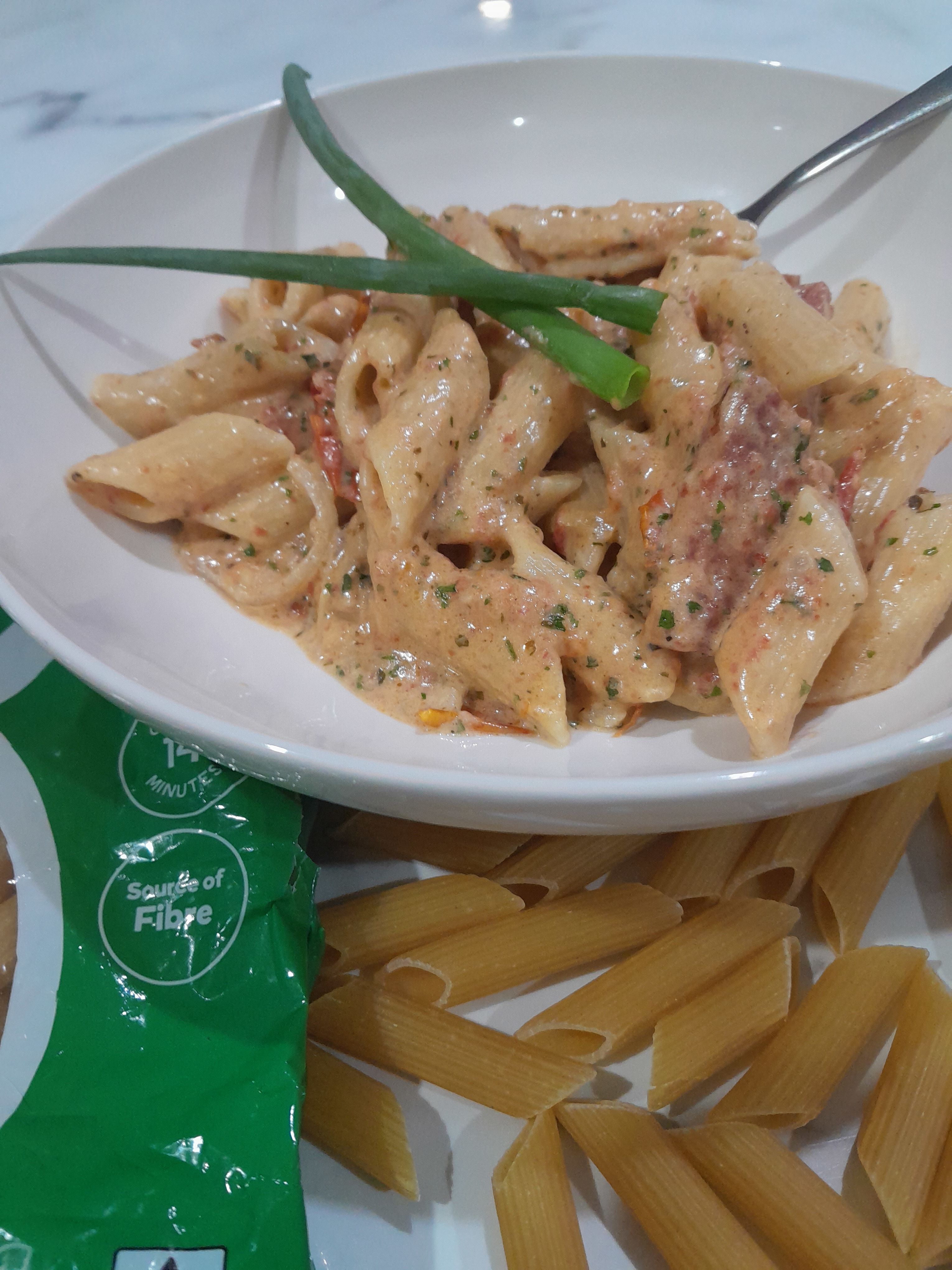Penne with Creamy Sundried Tomato & Salami | bunch Penne with Creamy Sundried Tomato & Salami | bunch