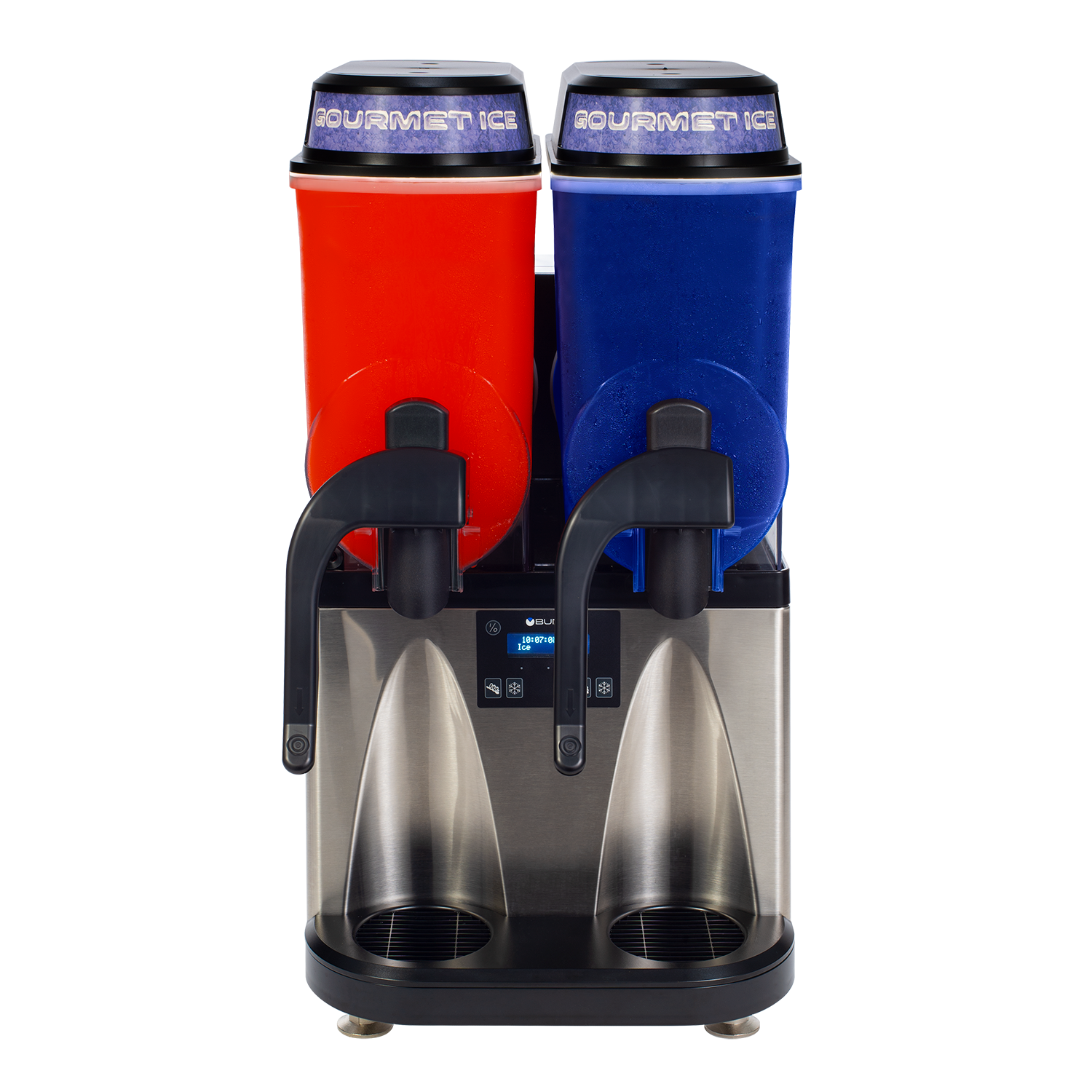 Slushy machine with red and blue slushy mix