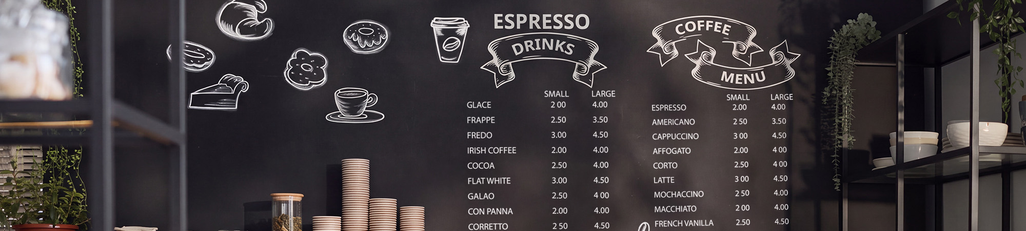 Chalkboard coffee menu listing espresso drinks and coffee menu prices