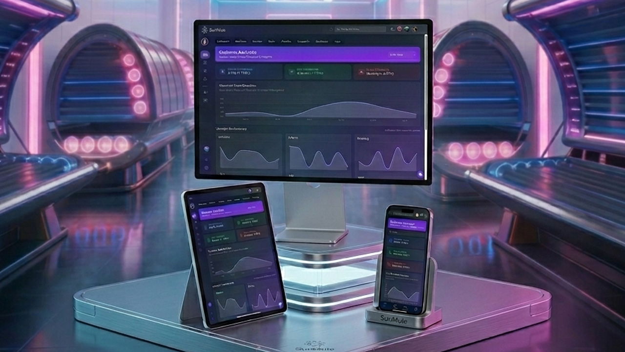 SunMule interface shown across smartphone, tablet, and desktop