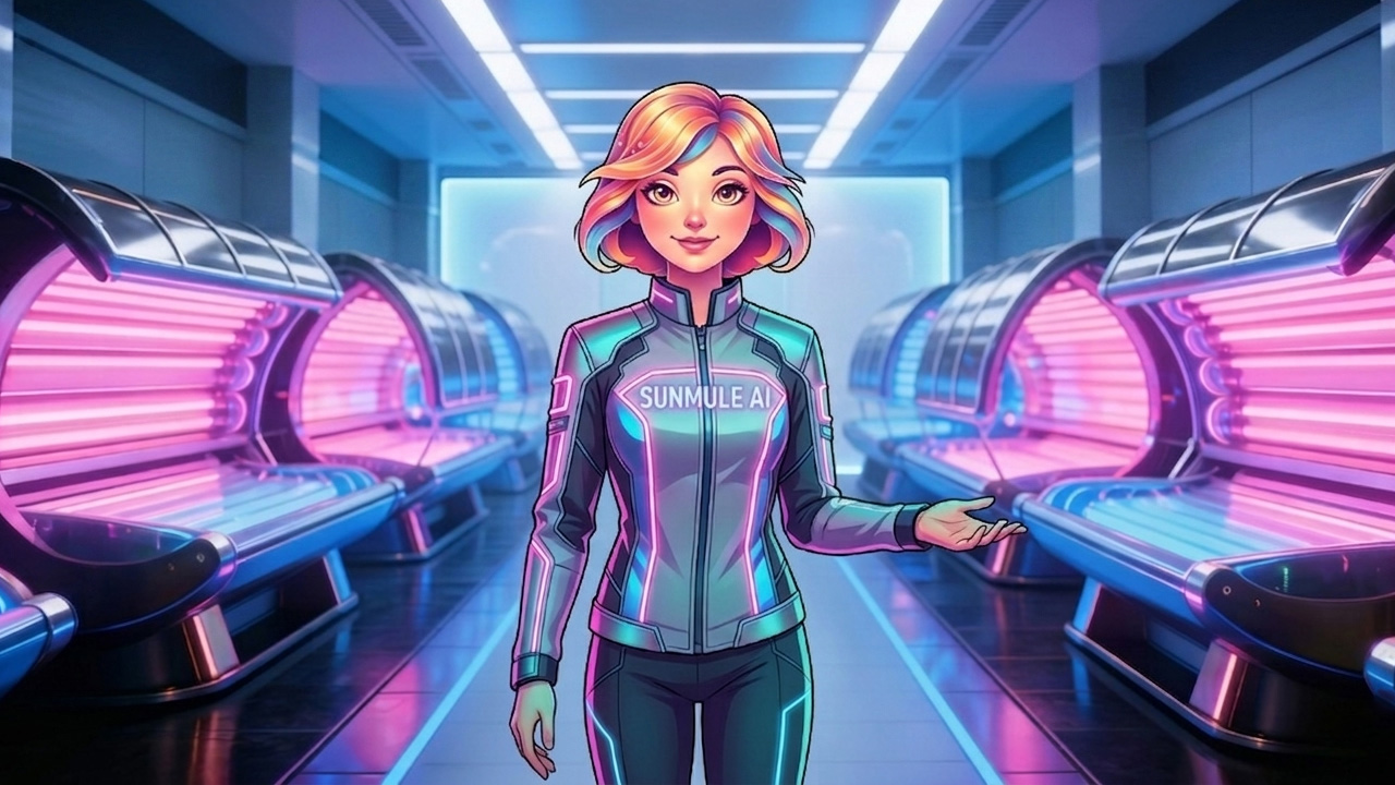 Tanny, SunMule's AI tanning assistant, in a futuristic tanning salon