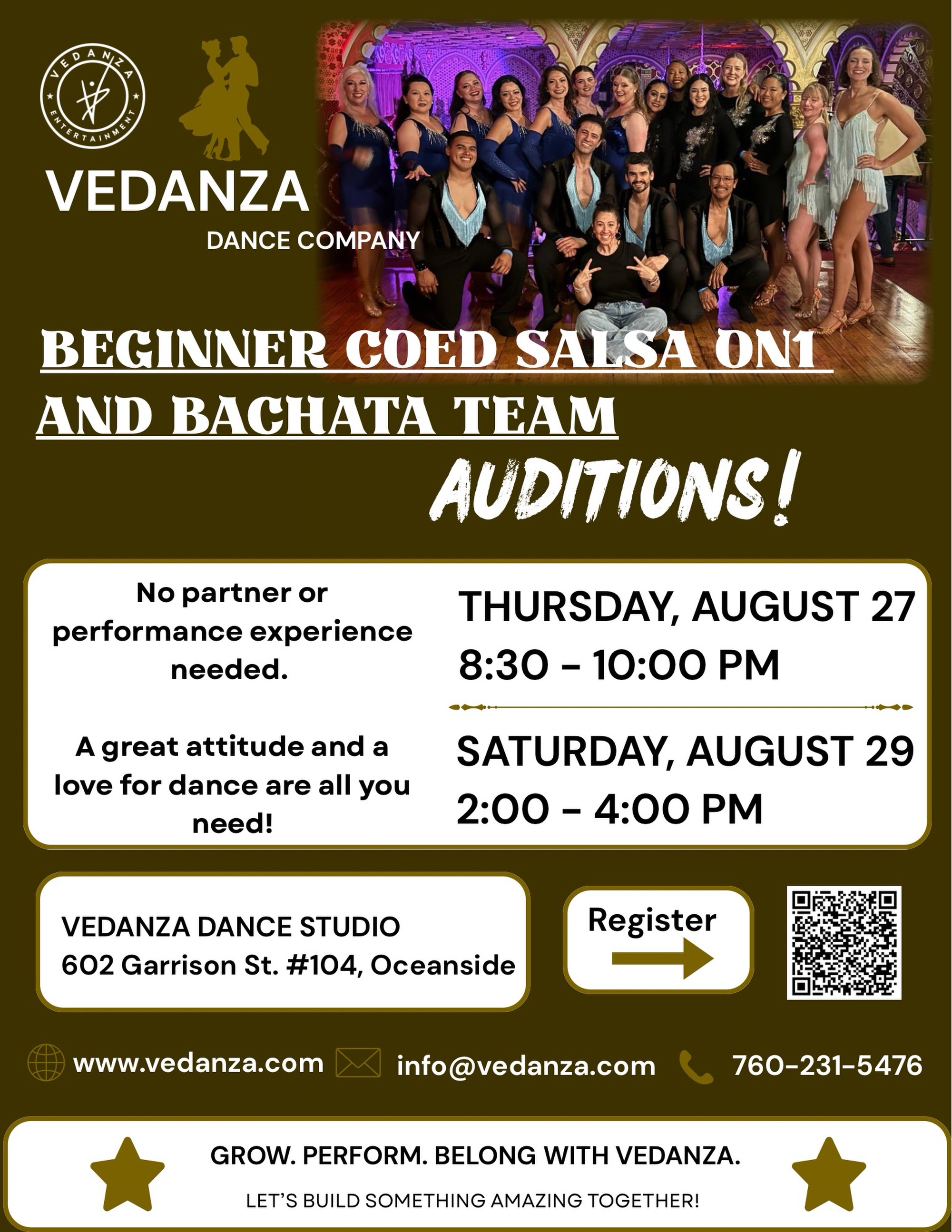 Vedanza Dance Company Beginner Coed Salsa on1 and Bachata Team Auditions!