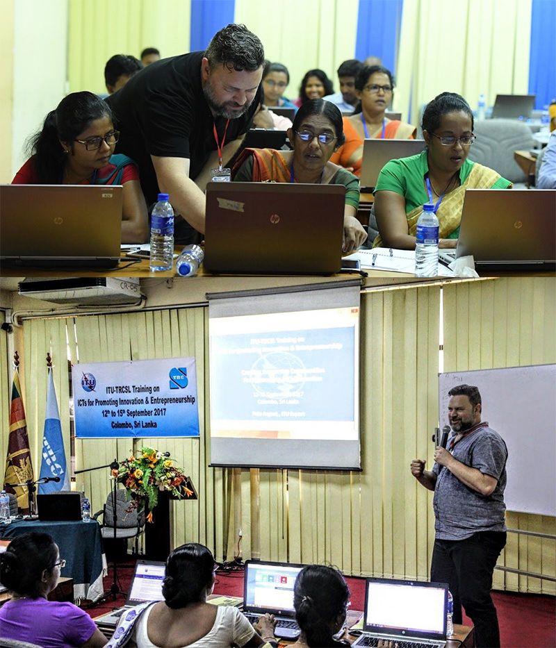 A photo of Pete Argent teaching and helping in a training program in Sri Lanka for the United Nations.